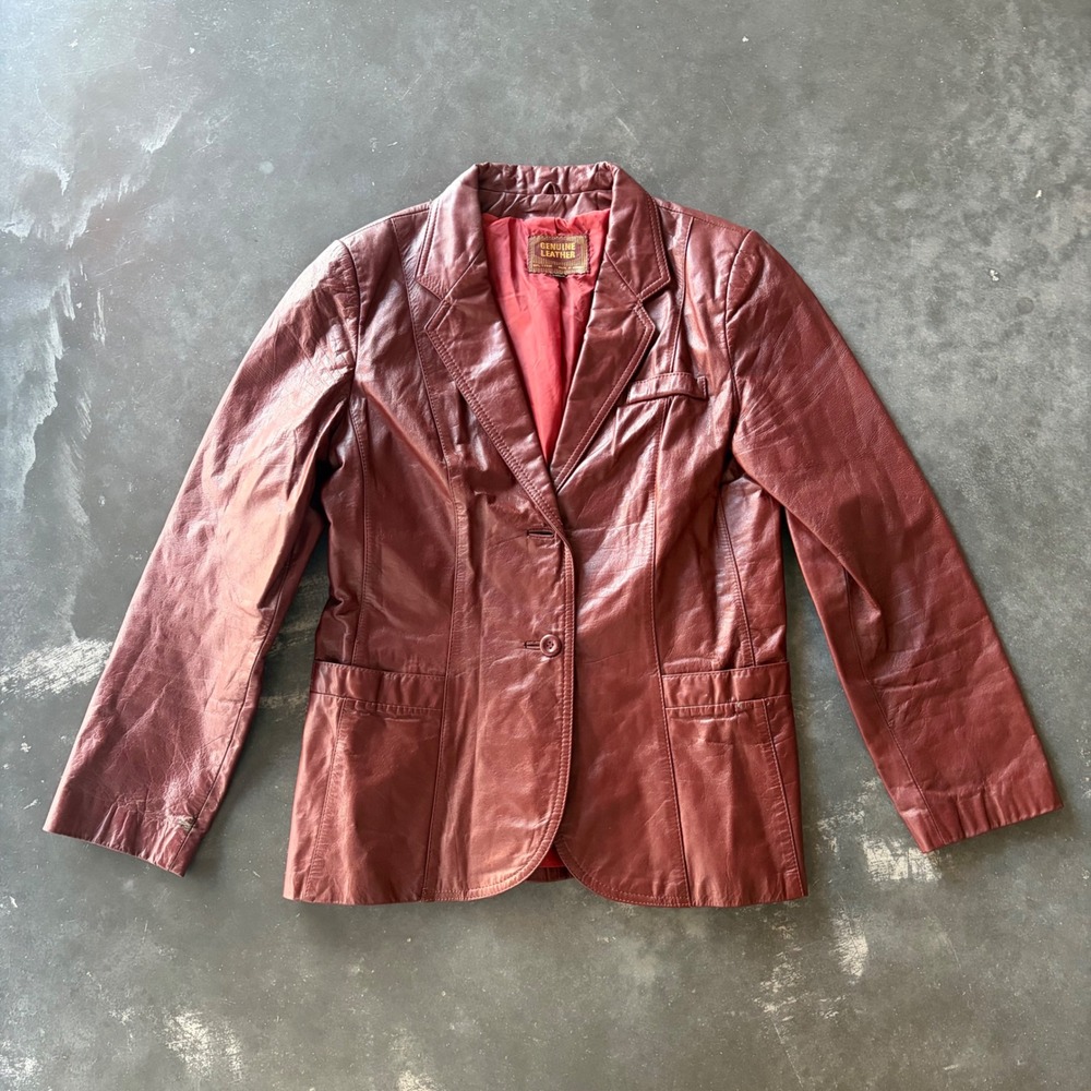 Vintage Genuine Leather Blazer Jacket Burgundy Maroon WPL 11935 Size 16
